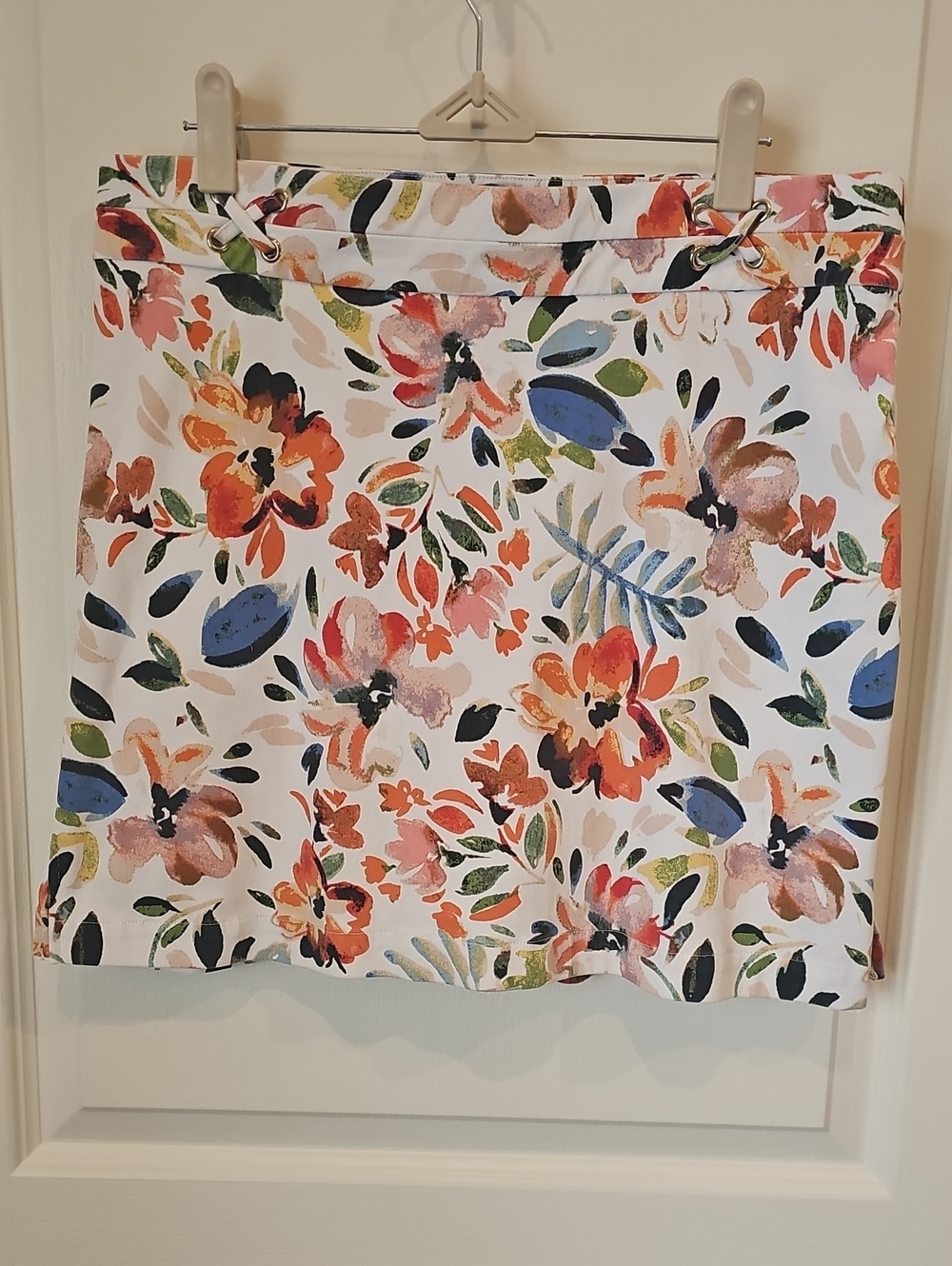 Rafaella White Floral Mini Skort with Orange, Blue and Green Blooms